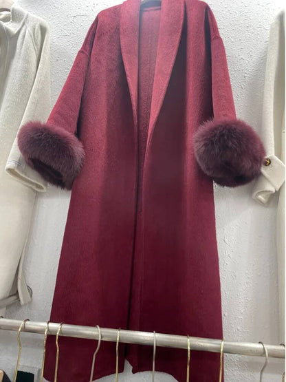 [EWQ] Wool Fox Fur Sleeve Women Coat Elegant Clothing Autumn 2025 Winter Double-sided Jacket Big Size Wine Red Overcoats 16O2751