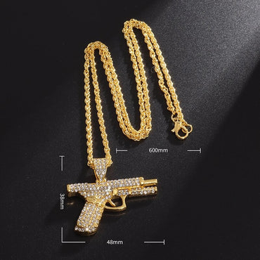 Bling Iced Out Pistol Pendant Submachine Gun Necklace Men Personality Hip Hop Rock Punk Cool Street Party Jewelry Gift