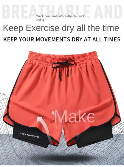 Men's two-piece sports shorts quick drying running fitness gym sports basketball shorts with lining