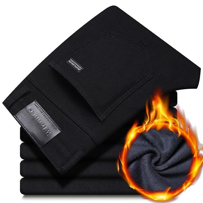 Calça Jeans Masculina Forrada de Lã para Inverno, Reta, Elástica, Preta, de Veludo Grosso, Quente, Casual, Masculina, Tamanhos Grandes