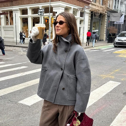 Elegant Stand Collar Woolen Jacket For Women Y2K Single Breasted Button Pockets Coat Lady 2025 Autumn Winter Street Chic Outwear