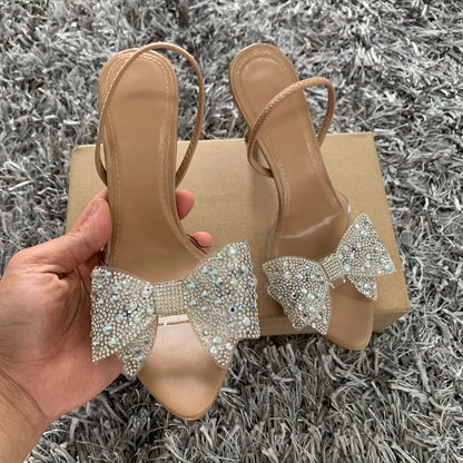 Summer Women High Heel Sandals Transparent PVC Heels Luxury Rhinestone Bow Slingbacks Female Sexy Party Wedding pumps Shoes