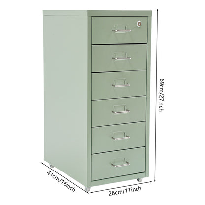 Gaveteiro de Metal com Rodas e Fechadura | Armário para Documentos com 6 Gavetas para Escritório em Casa, com Rodas | Branco-sujo/Verde/Amarelo