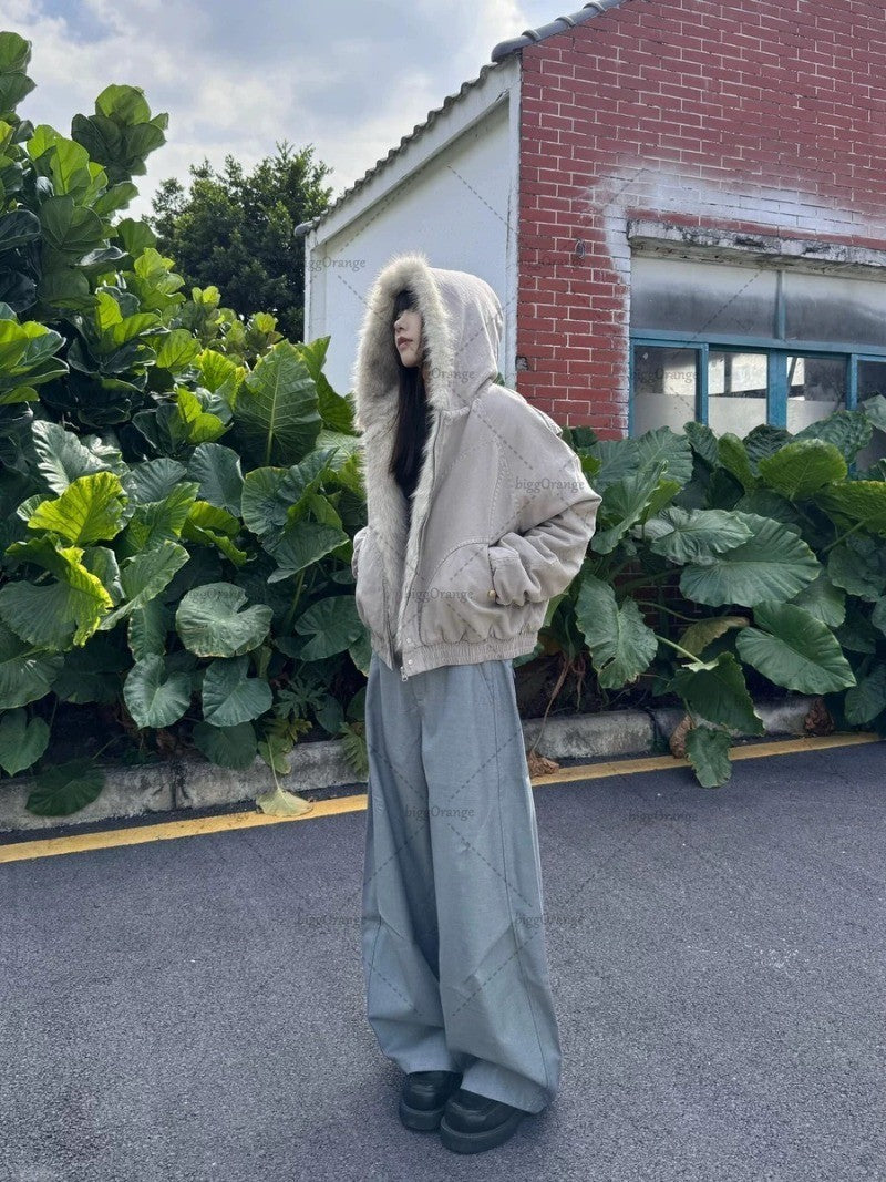 High Street Trendy Y2K Streetwear Parkas Punk Harajuku Retro Fur Collar Bomber Jacket Men Hip-hop Loose Casual Warm Coat Women