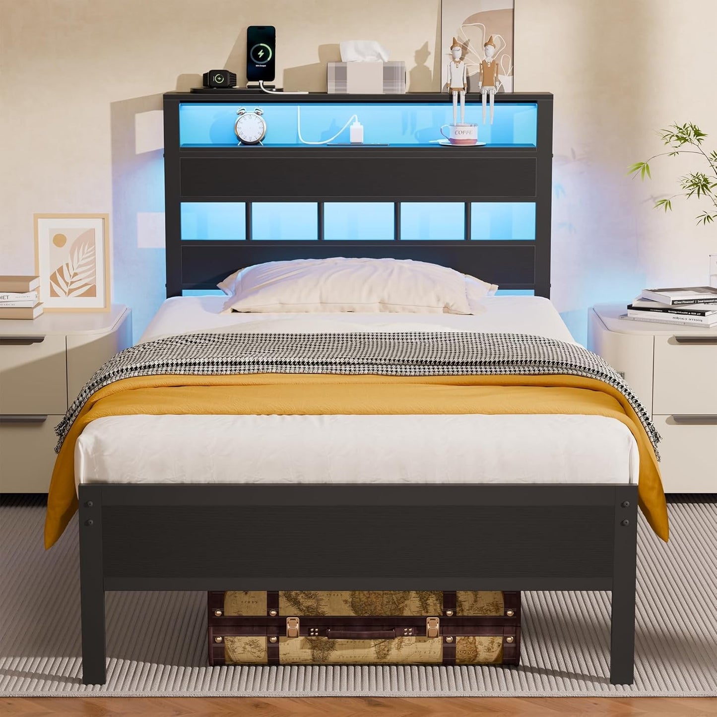 Sleek Full Size Bed Frame with Glowing LED Lights & USB Charging Station | Modern Storage Headboard