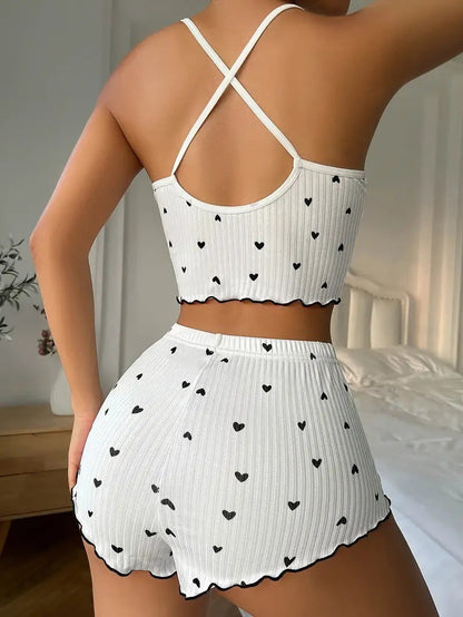 Sexy Heart Print Pajama Set for Women Sleepwear Silk Stain V-Neck Sleeveless Casual Cami Top and Shorts Sets Loungewear
