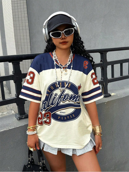 California 23 Printed Letter Jersey Women'S T-Shirt V-Neck Loose Short Sleeved Personalized Fashionable Casual Half Sleeved Top