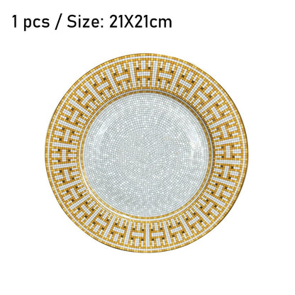Conjunto de Mesa Elegante em Porcelana Fina Europeia Louça Ocidental Prato de Bife Prato Raso Prato de Dim Sum Faca Garfo Doméstico Prato de Bife