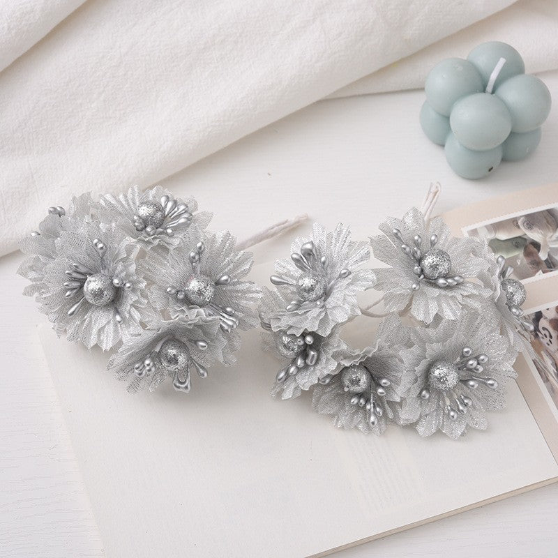 6PC Artificial Flowers Wedding Bouquet Scrapbook Christmas Decoration Wreath Home Garden Silk Stamen Tea Roses Bud Diy Gift Box