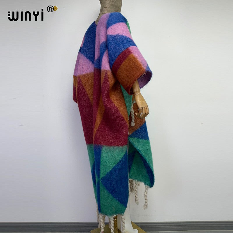 2022 WINYI Winter Women tassel Cardigan coat Loose Christmas dress robe longue Thick Warm free size Middle East Female Kaftan