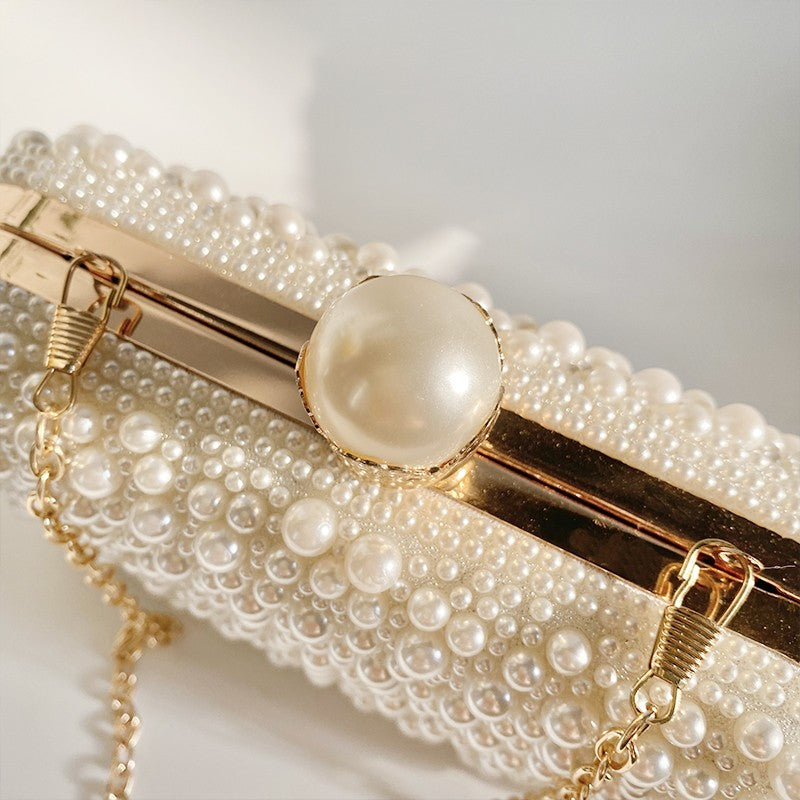 Luxury Crystal Pearl Beaded Evening Clutch Handbag Lady Elegant Wedding Purse Women Oval Shaped Crossbody Chain Bag