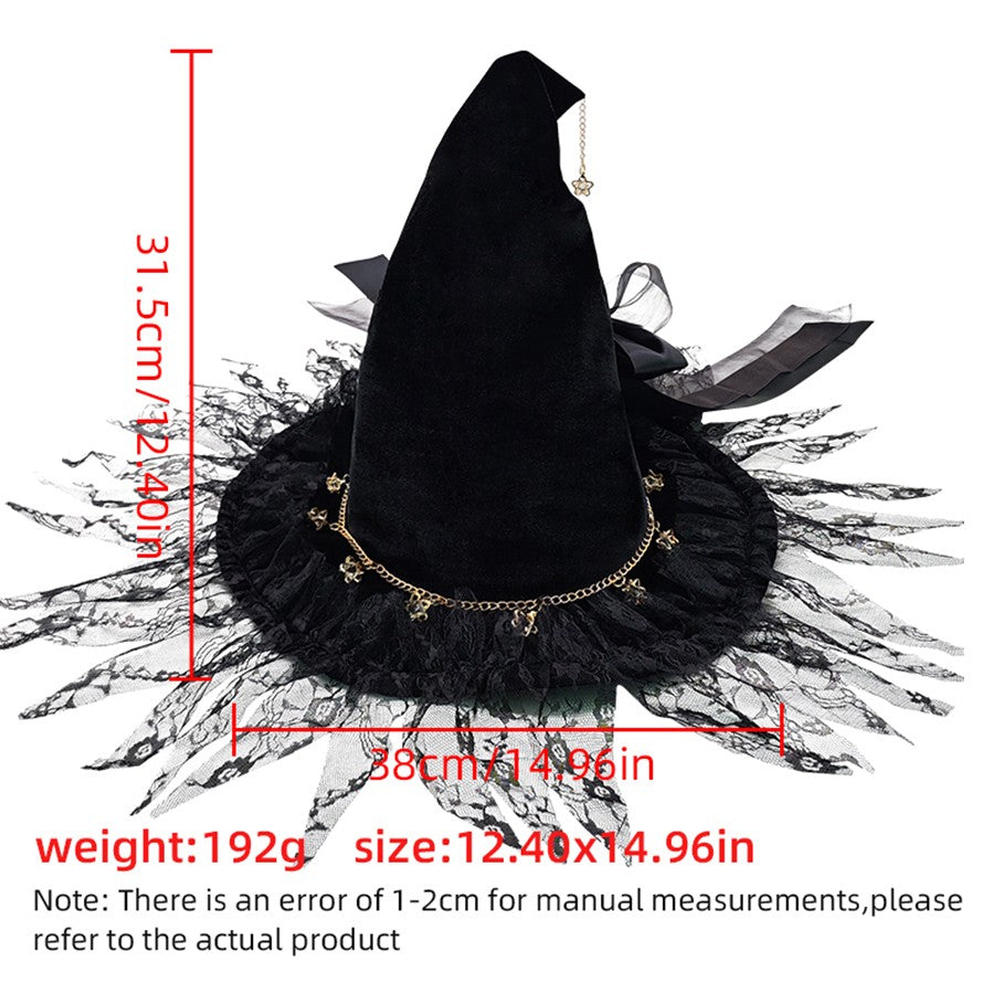 Handmade Lace Witch Pointed Hats Bandage Bow Wizard Hat Adult Gothic Lolita Cosplay Costume Accessories Halloween Party Hat