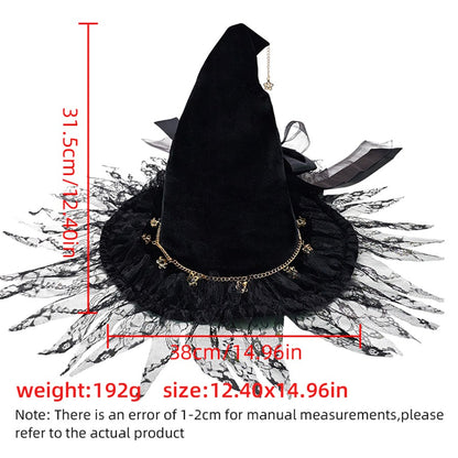 Handmade Lace Witch Pointed Hats Bandage Bow Wizard Hat Adult Gothic Lolita Cosplay Costume Accessories Halloween Party Hat