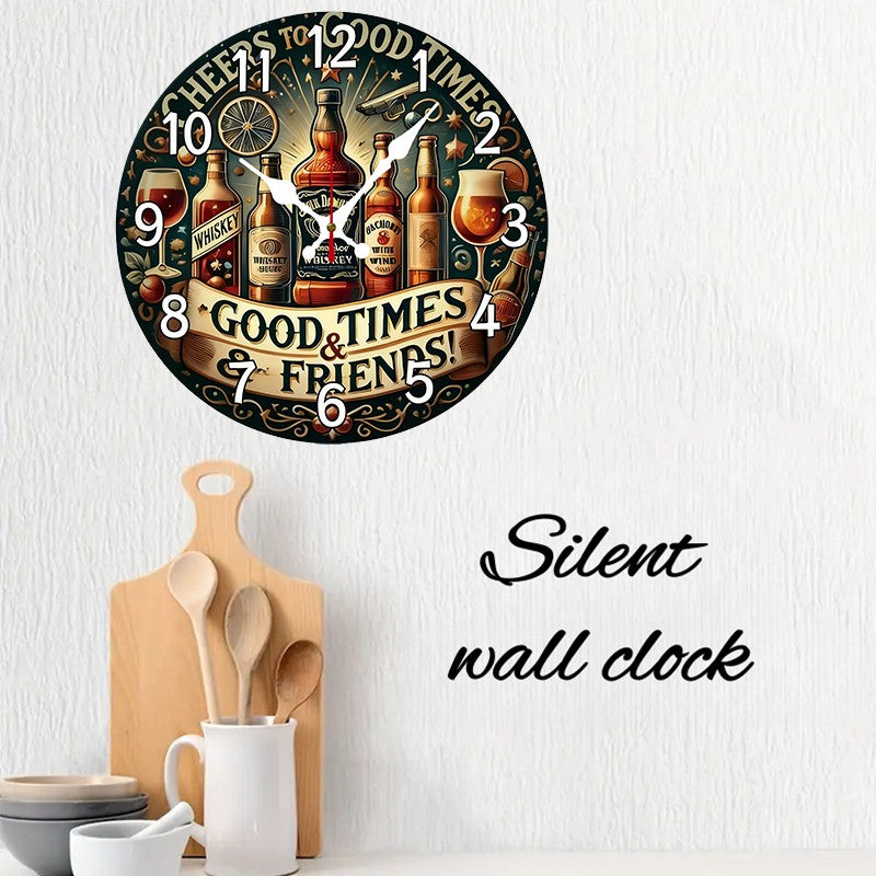 Beer & Whiskey Wooden Round Silent Hanging Wall Clock, Suitable For Living Room, Office, Study Room, Bedroom, Home Decoration