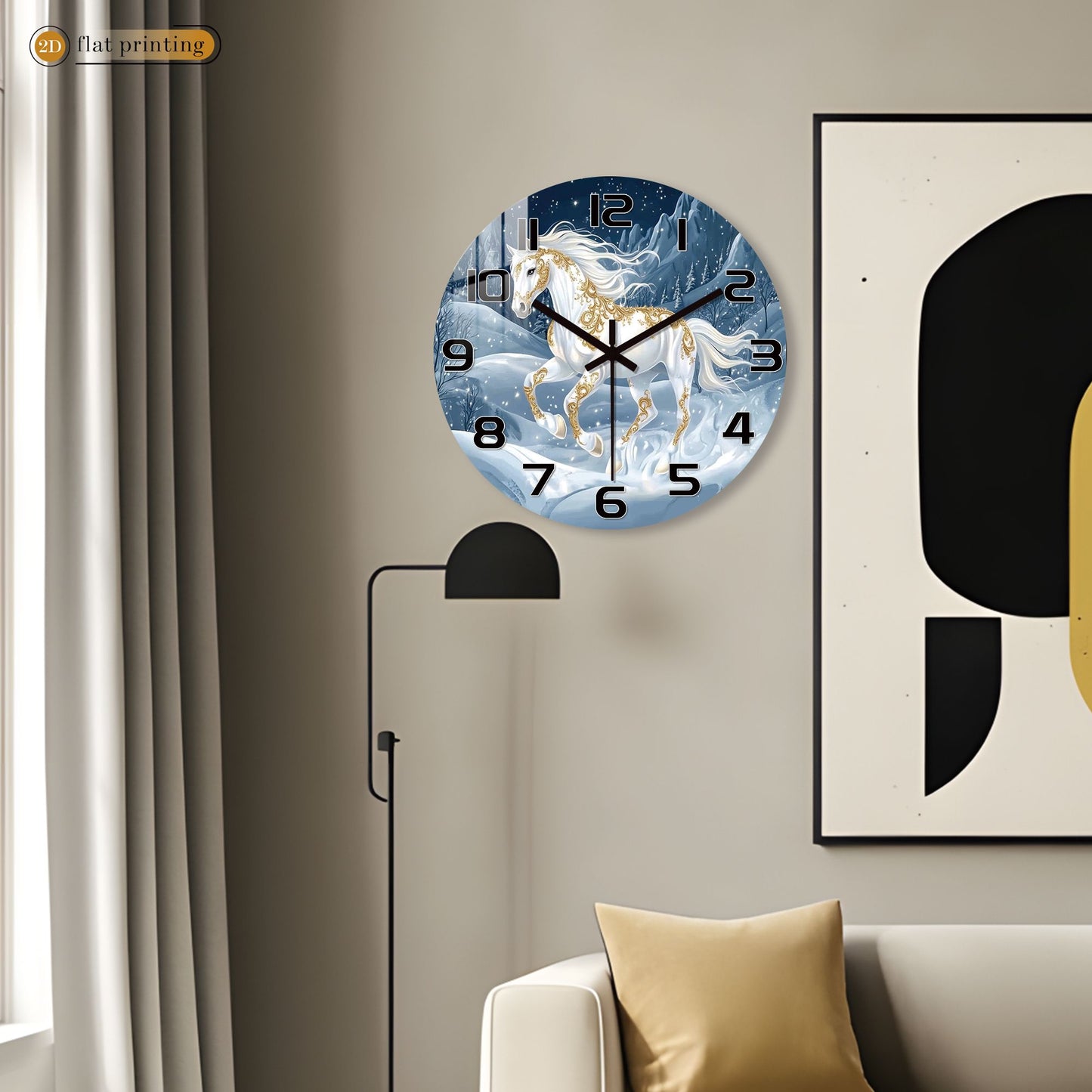 White Horse Snowy Landscape Wall Clock, Golden Ornamental Winter Scene, Festive Dreamy Unicorn-Inspired Home Decor