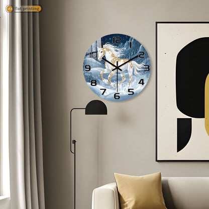White Horse Snowy Landscape Wall Clock, Golden Ornamental Winter Scene, Festive Dreamy Unicorn-Inspired Home Decor