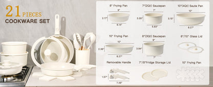 Conjunto de Panelas de 21 Peças Antiaderente, Conjunto de Utensílios de Cozinha de Cerâmica Astercook com Cabos Sensores, Branco Leitoso