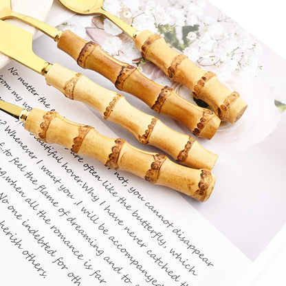 Drmfiy Teaspoon Dinnerware Set Stainless Steel 4/6/10Pcs Coffee Spoons Cutlery Set Kitchen Bamboo Handle Golden Tableware Set