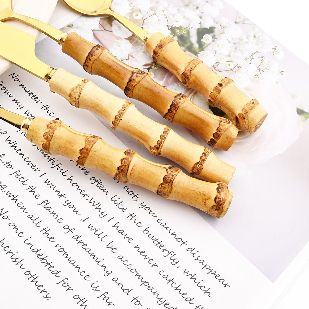 Drmfiy Teaspoon Dinnerware Set Stainless Steel 4/6/10Pcs Coffee Spoons Cutlery Set Kitchen Bamboo Handle Golden Tableware Set