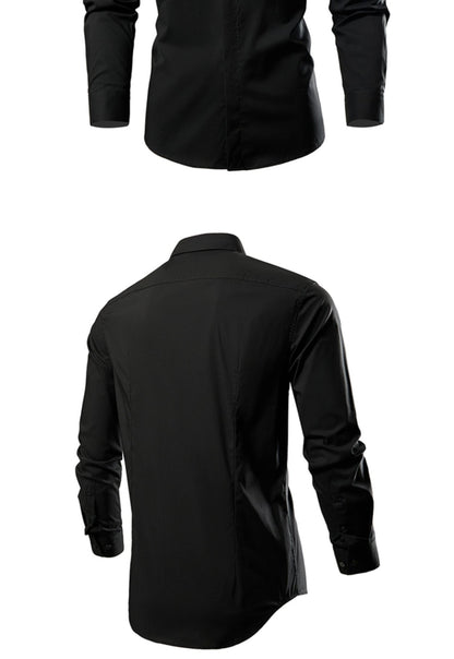 Black Mens Embroidered Long Sleeve Shirt, Black Single Breasted Lapel Casual Shirts, Asian Size M-6XL