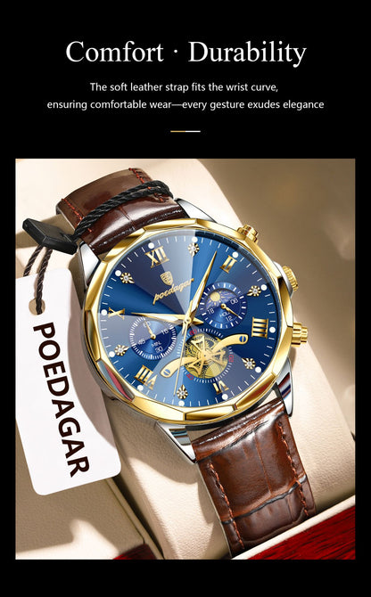 POEDAGAR Relógio de Pulso Militar de Luxo Masculino Quartzo Impermeável Luminoso Cronógrafo Couro Masculino Relógio Esportivo Masculino Relógio Masculino