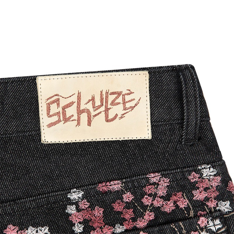Fashion Retro Cherry Blossom Pattern Embroidery Black Denim Shorts Gothic Hip Hop Men Women Versatile Casual Streetwear Summer