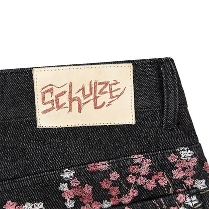Fashion Retro Cherry Blossom Pattern Embroidery Black Denim Shorts Gothic Hip Hop Men Women Versatile Casual Streetwear Summer