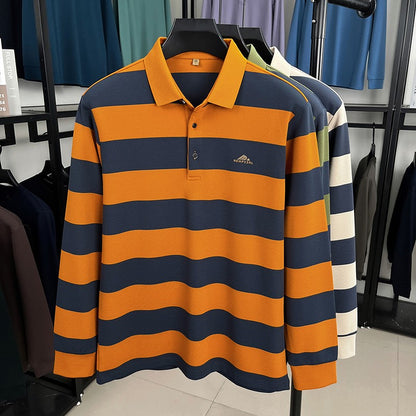 Unique stripe color blocked long sleeve polo shirt men high-end trend brand letters embossed spring autumn new comfort T-shirt