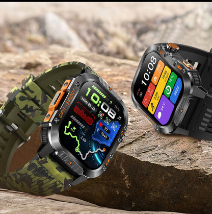 2026 Novas pulseiras inteligentes militares de GPS para ambientes externos, bússola masculina, frequência cardíaca, chamada BT, lanterna LED, Smartwatch à prova d'água 10ATM para natação