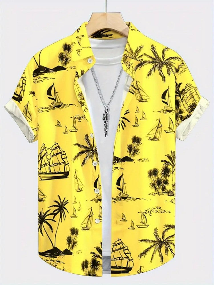 Summer Men's Shirt Coconut Tree 3D Print Casual Short Sleeve Lapel Tops Beach Casual Hawaiian Shirt Men Oversized Shirts For Men