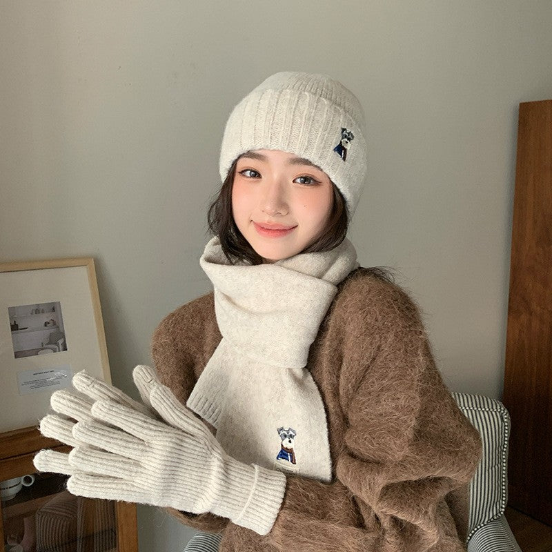 Embroidered Puppy Knitted Hat Scarf Gloves Three-Piece Set for Women Winter Warmth Earflap Beanie