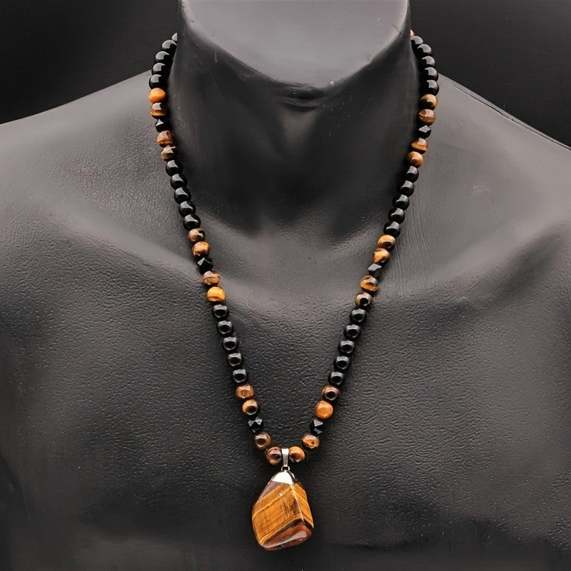 Colar de Contas Olho de Tigre, Colar Masculino com Pingente Irregular da Moda Personalizado na Cor Preta