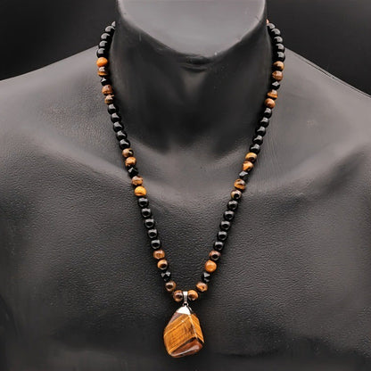 Colar de Contas Olho de Tigre, Colar Masculino com Pingente Irregular da Moda Personalizado na Cor Preta