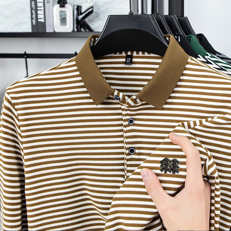Men's Long Sleeved T-shirt, Youth Lapel T-shirt, Autumn Clothes Striped Polo Shirt Double-sided German Velvet 2025 New Trend Top