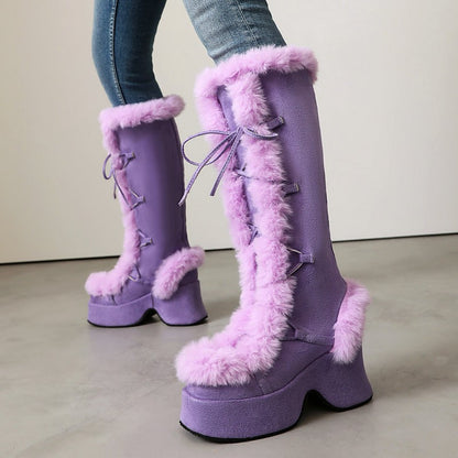 8CM Chunk Heels Winter Warm Knee High Boots Women Snow Short Plush Platform Boots Faux Fur Cosplay Lace-up Long Shoes Size 34-43
