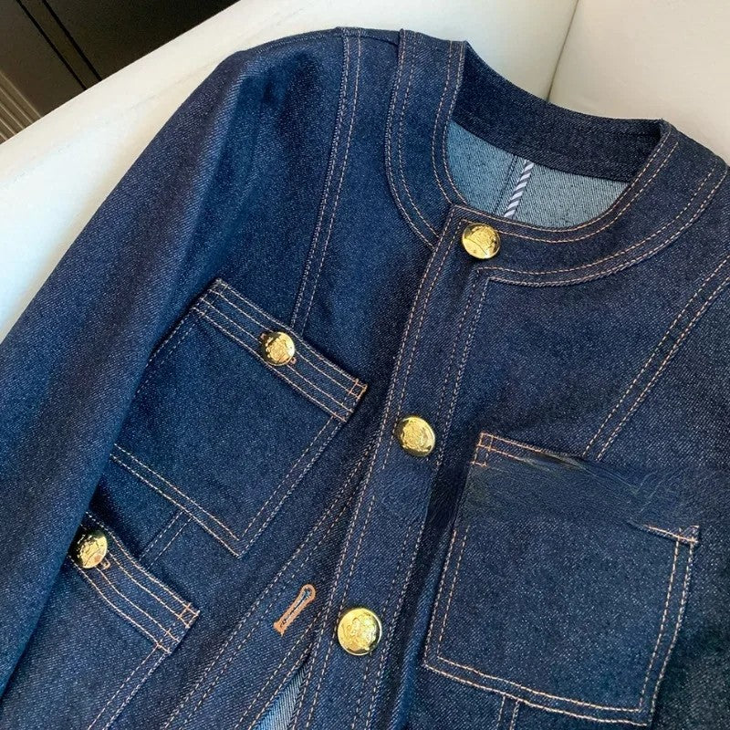Women's Vintage Denim Jacket Spring Button-Up Korean Fashion Blue Chic Bomber Outwear Top 2025 Style Casual Ropa De Mujer