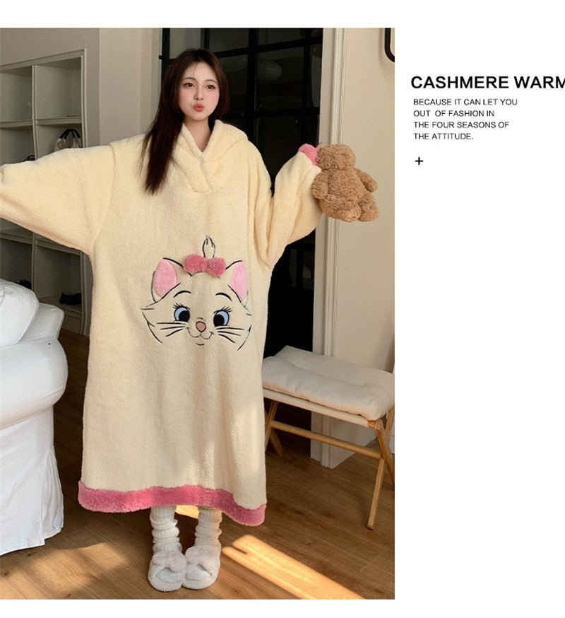 Camisola de Gatinha Marie da Disney Kawaii Desenho Animado Feminino Inverno Veludo Coral Longo Veludo Grosso Solto com Capuz Robe de Banho