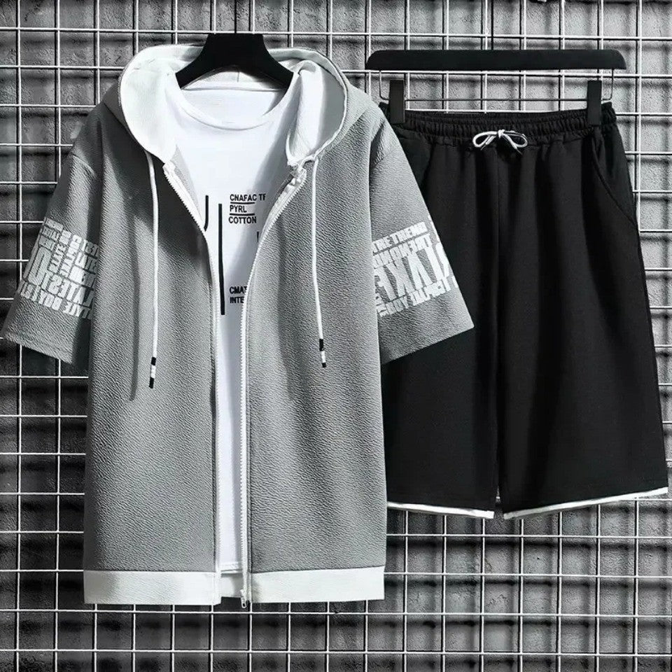 Summer Thin Men's Sports Suit 2-piece Set Casual Hooded Quick Dry Running Exercise Clothes Short Sleeve Shorts