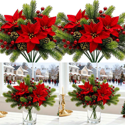 5Pcs 36cm Christmas Poinsettia Picks, Velvet Red Floral Stems with Pine Berries Pine Cones, Fake Xmas Flowers for Vase Table Decoration