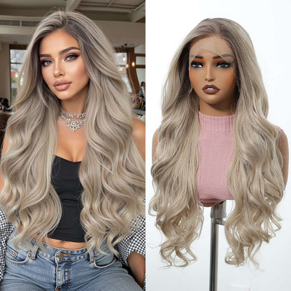 HENRY MARGU Peruca Frontal Lisa Ondulada Marrom Mista Longa Peruca Sintética Natural Ondulada 13x4 Frontal de Renda Cabelo Falso para Mulheres Raiz Escura