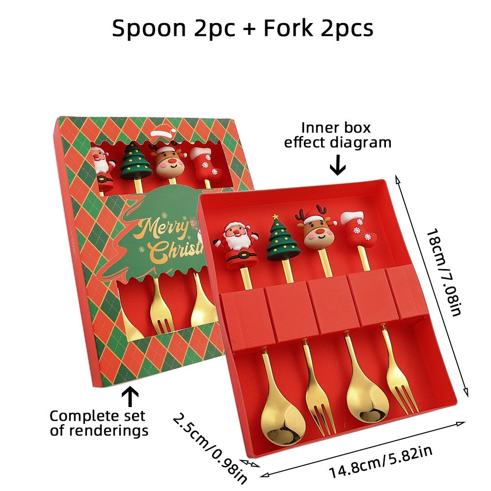 Christmas Themed Cutlery Gift Set 2/4/6pcs Stainless Steel Forks Spoons for Dessert, Creative Holiday Tableware Coffee Tea Party