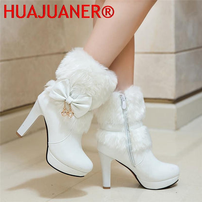 2025 New Fashion Womens Winter High Heel Boots Pink White Black Fur Tassel Bowtie Lovely Lolita Ladies Party Wedding Shoes