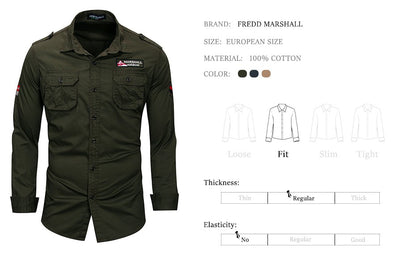 Fredd Marshall 2022 New 100% Cotton Military Shirt Men Long Sleeve Casual Dress Shirt Male Cargo Work Shirts With Embroidery 115