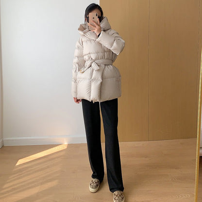 2025 Winter Women's Down Jackets Ultra Light Warm Cusual Coat Female Puffer Jacket With Belt Plus Size Hooded Short Parka