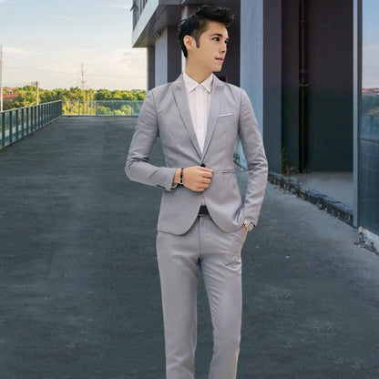 2Pcs/Set Men Slim Fit Suit Set Lapel Long Sleeve Single Button Suit Coat Mid-rise Long Pants Set Solid Color Business Outfit