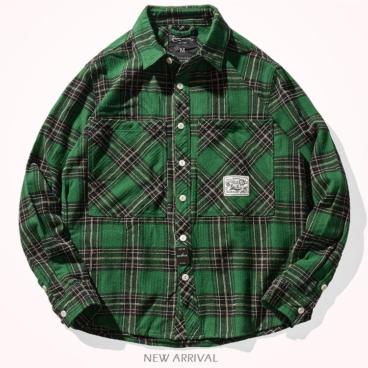 8112# Autumn New Japanese Retro Cargo Sueded Plaid Shirt Men's Fashion 100% Cotton Washed Old Pocket Long Sleeve Casual Blouses