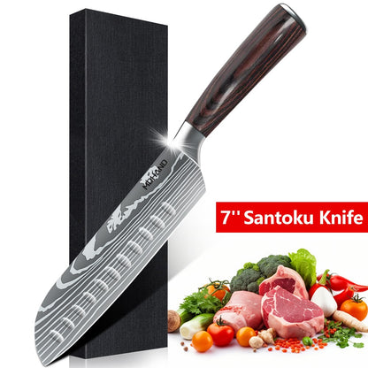 MDHAND Conjunto de Facas de Chef com Padrão de Damasco a Laser de 1 a 10 peças, Fatiador de Carne em Aço Inoxidável, Cutelo com Cabo de Madeira Antiderrapante, Coleção