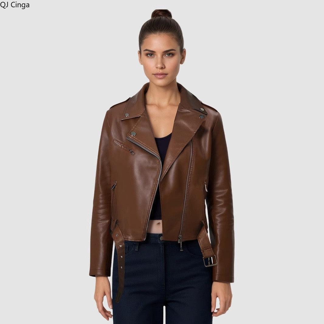 Women's Bright Red Long-sleeve PU Jacket, Lapel Collar Black Short Faux Leather Coat, Available in Dark Brown or Beige.