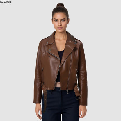 Women's Bright Red Long-sleeve PU Jacket, Lapel Collar Black Short Faux Leather Coat, Available in Dark Brown or Beige.