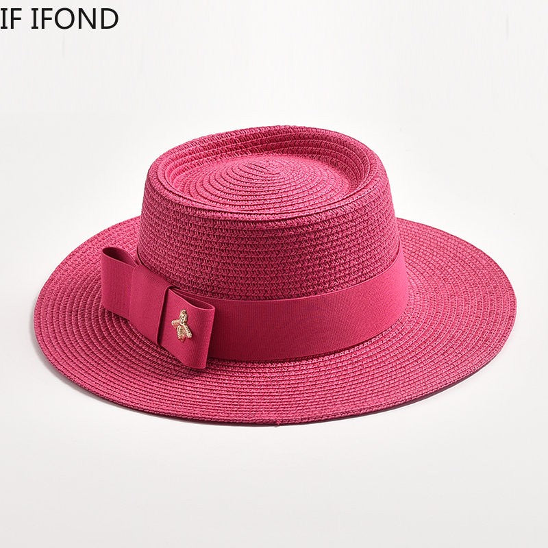 Novos Chapéus de Palha Primavera Verão Femininos de Superfície Ondulada, Topo Reto, Laço, Boné de Vestido, Chapéu de Sol para Viagem e Praia, Gorra